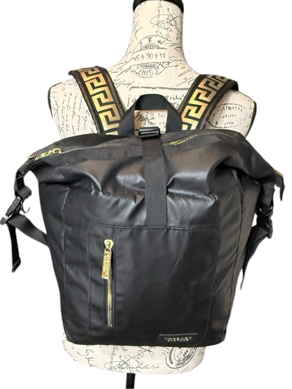 Versace Parfums Black Nylon Backpack with Gold Trim